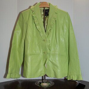 NWT Vintage Terry Lewis Genuine Leather Ruffle Blazer Green Women’s M